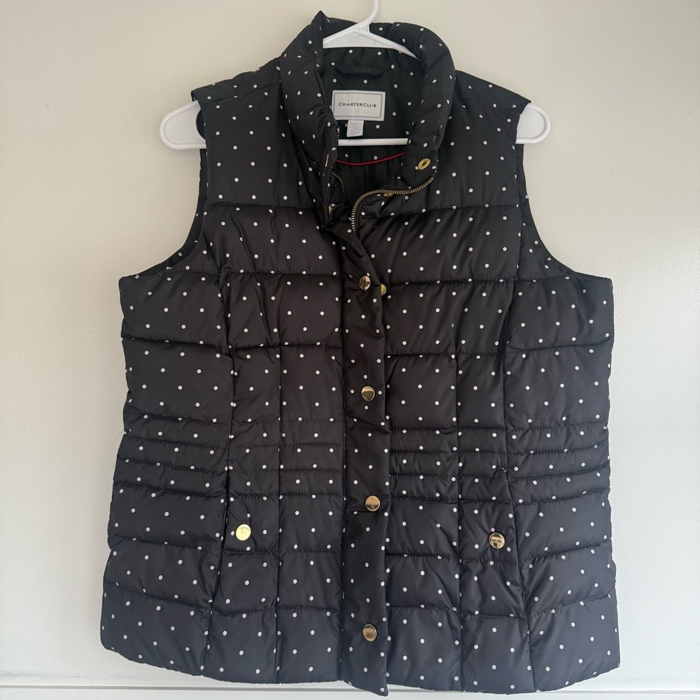 Quilted Polka Dot Quilted Puffer Vest Size M Black White Full Zip Pockets‎